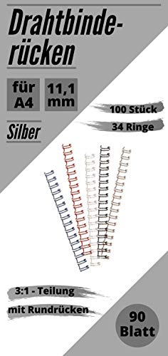 PREMIUM Drahtbinderücken, 100 Stück, DIN A4, silber, 34 Ringe, 3:1 Teilung, (11,1 mm (90 Blatt)) von MK Marc Kindermann