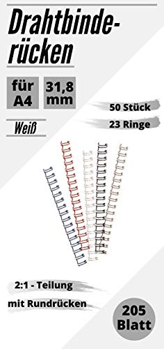PREMIUM Drahtbinderücken, 50 Stück, DIN A4, weiß, 23 Ringe, 2:1 Teilung (31,8 mm, 195 Blatt) von MK Marc Kindermann