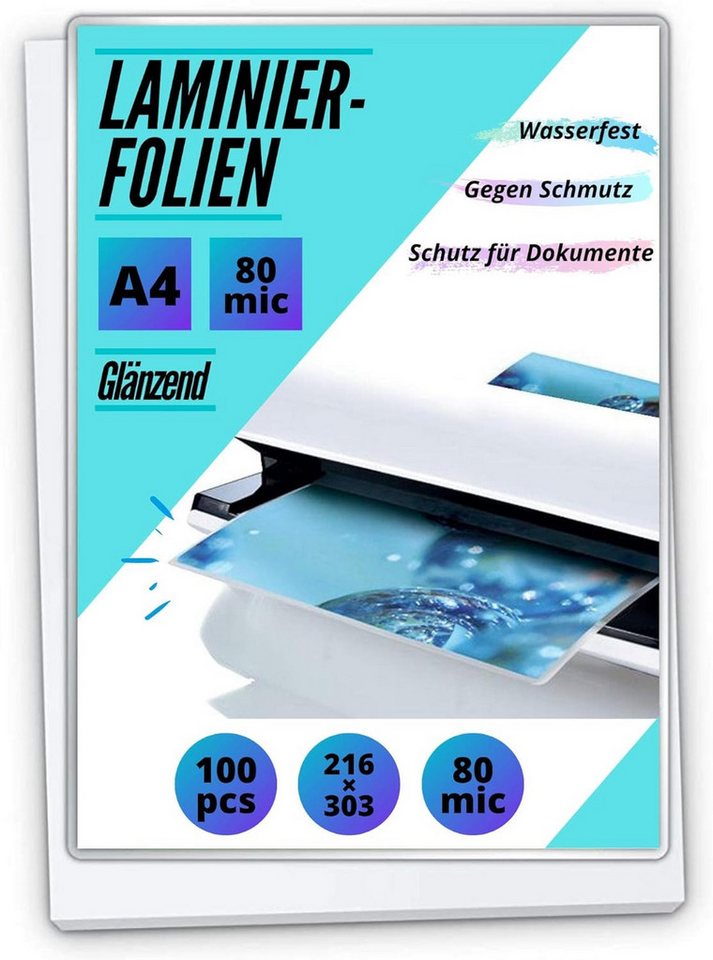 MK Vertriebs KG Schutzfolie 100 Laminierfolien DIN A4 - 2x 80 Mic - Glänzend, Wasserdicht, Fälschungssicher, Reißfest von MK Vertriebs KG