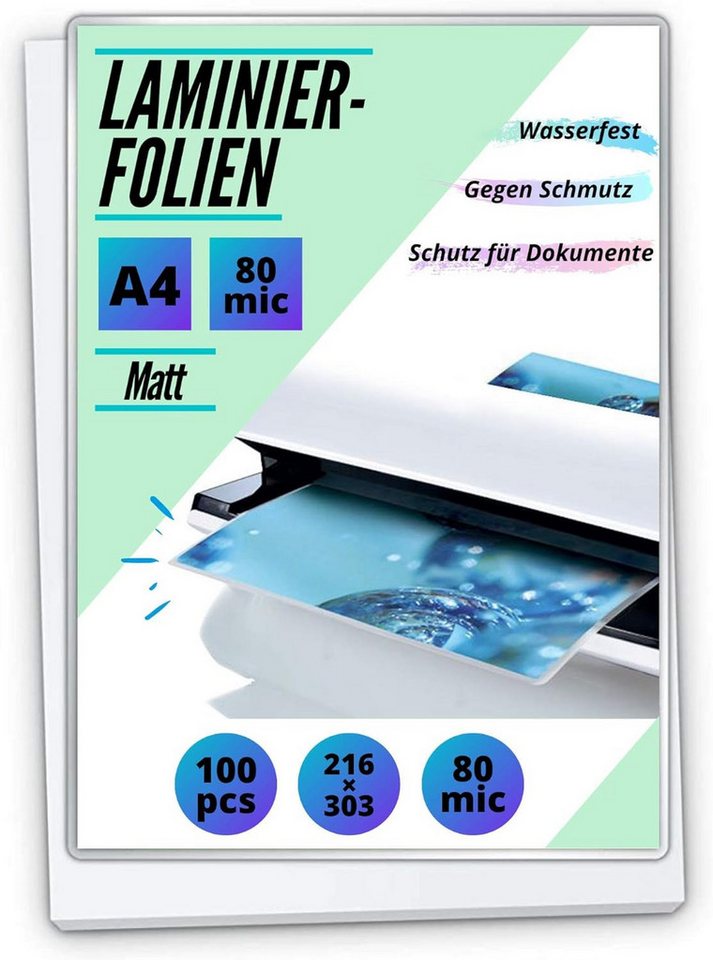 MK Vertriebs KG Schutzfolie 100 Laminierfolien DIN A4 - 2x 80 Mic - beidseitig matt, 100% wasserdicht, extrem reißfest und stabil von MK Vertriebs KG