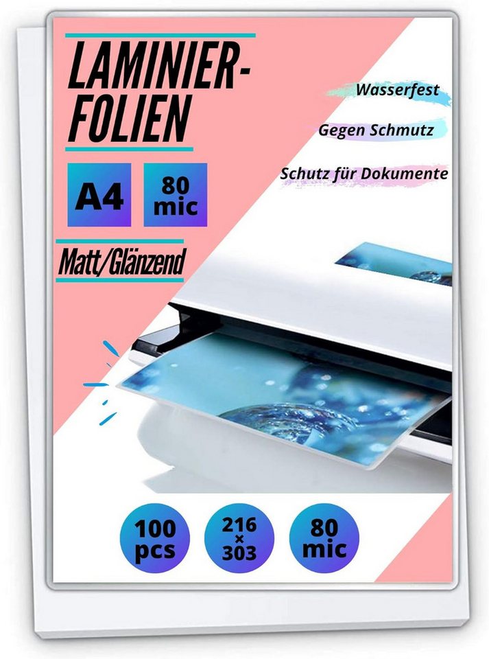MK Vertriebs KG Schutzfolie 100 Laminierfolien DIN A4 - 2x 80 Mic - matt/glänzend, 100% wasserdicht, extrem reißfest und stabil von MK Vertriebs KG