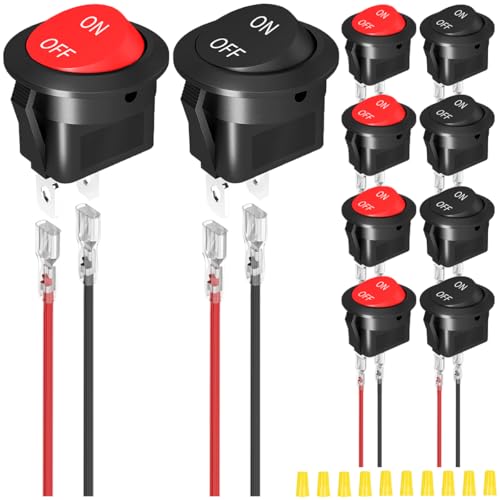 MKBKLLJY 10St. Runder Wippschalter 12V DC ON Off Schalter Kreis Rot/Schwarz Kippschalter 2Pin SPST 2Position 6A/250V 10A/125V AC 20mm Mini Wippschalter mit Klemme Drähte Verkabelung Kappe für Auto von MKBKLLJY