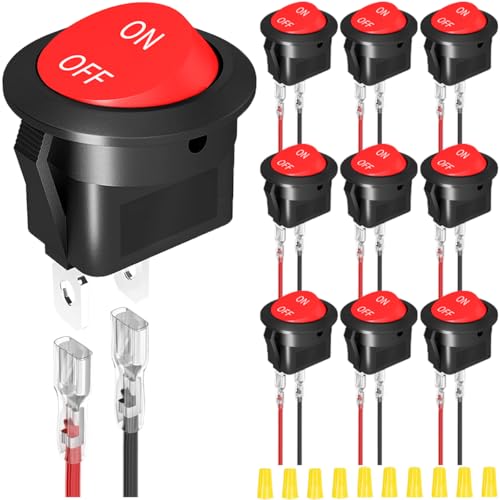 MKBKLLJY 10St. Runder Wippschalter 12V DC ON Off Schalter Kreis Rot Kippschalter 2Pin SPST 2Position 6A/250V 10A/125V AC 20mm Mini Wippschalter mit Klemme Drähte Verdrahtung Kappe für Auto DIY von MKBKLLJY