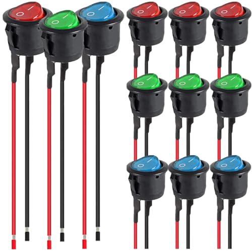 MKBKLLJY 12St. 20mm rote/blaue/grüne runde LED-Wippschalter SPST 2-polig Ein/Aus Snap-in Design Mini 12 Volt DC Mini Kreis Kippschalter AC 10A 125V 6A 250V für Auto RV mit vorgelöteten Drähten von MKBKLLJY