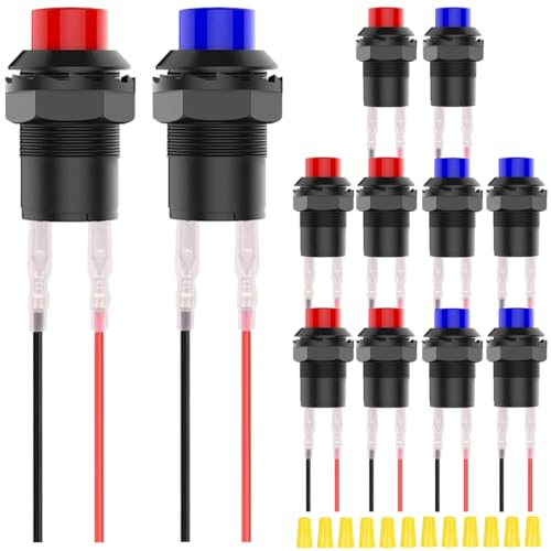 MKBKLLJY 12St. Rot/Blau Mini Selbstverriegelung Ein Aus Schalter AC 250V 1.5A 125V3A 2Pin 12V 12mm Latching Drucktaste Micro Runde Drucktaste Schalter mit Terminal Drähte Verdrahtung Cap für RV Auto von MKBKLLJY