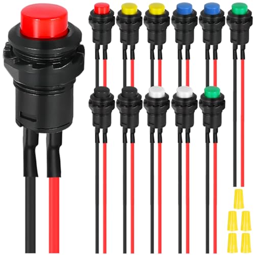 MKBKLLJY 12St. Selbstsperrender Druckknopfschalter 12mm AC 250V/1.5A 125V/3A 2Pin SPST Rot/Gelb/Blau/Grün/Schwarz/Weiß 12V24V36V Einrastschalter mit vorverdrahteten Drähten und Kappe für das Auto von MKBKLLJY