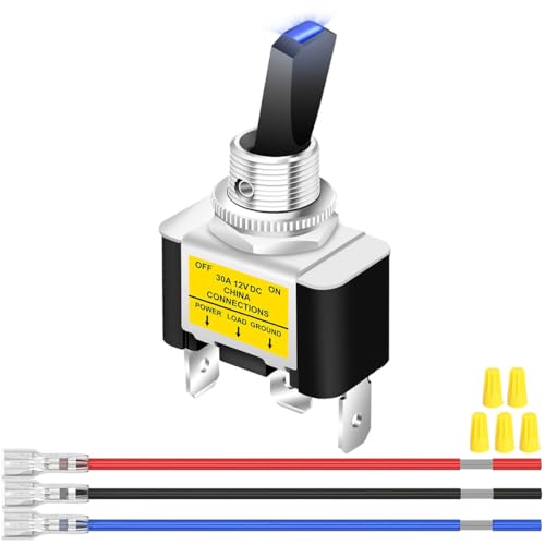 MKBKLLJY 1St. Beleuchteter Kippschalter DC 12V 30A SPST 3polig EIN/AUS Blauer LED Schalter mit verriegelten Anschlussdrähten und Kabelkappen für Auto Boot Wohnmobil LED Leuchten Nebelscheinwerfer von MKBKLLJY