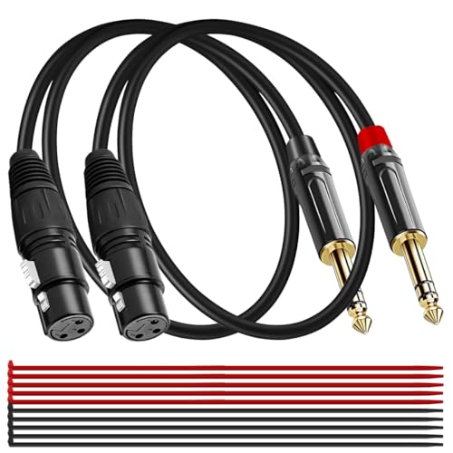 MKBKLLJY 2 Stück 6,35 mm TRS-auf-XLR-Buchse-Kabel, symmetrisch, 6,35 mm Viertelzoll auf 3-polige Buchse, selbstsicherndes Metallgehäuse, mit Kabelbinder, für Mikrofon, Gitarre (4,35 m) von MKBKLLJY