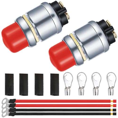 MKBKLLJY 2 Stück Wasserdicht Hupenknopf Starterschalter 12V 50A robuster Bootsschalter Druckknopf für Auto Boot ATV Rasenmäher mit 12 AWG 10 cm O-Ring-Anschlusskabel (rot, 2 Stück) von MKBKLLJY