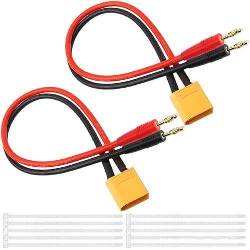 MKBKLLJY 2Paar XT90 Stecker auf 4.0mm Bananenstecker Lipo Akku Ladekabel Adapter mit 12AWG 1FT/30.4cm Silikondraht Kabelbinder für RC Modell Elicopter Spielzeug FPV Drohnen Quadcopter Auto von MKBKLLJY