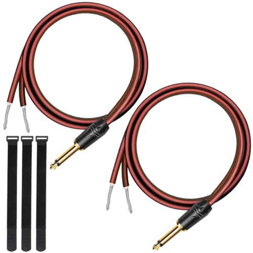MKBKLLJY 2St. 1/4" TS-Stecker auf nacktes Lautsprecherkabel 1FT 16AWG positive rote Drahtmarkierung reines Kupfergehäuse vergoldeter TS-Stecker 6,35mm Mono-Stecker mit Kabelbindern für DJ DIY Gitarre von MKBKLLJY