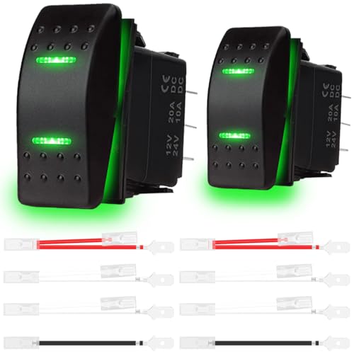 MKBKLLJY 2St. Kippschalter Kippschalter (EIN)-Aus-(EIN) 3 Positionen Wasserdicht DC 12V/20A 24V/10A 7Pin DPDT Grünes LED Licht, mit Überbrückungskabel Set für Boot Auto von MKBKLLJY
