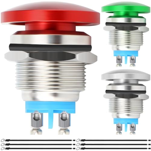 MKBKLLJY 3St. 16mm Pilzkopf Drucktaster Schalter Taster IP65 Wasserdicht DC 12V 3A AC 110V 5A SPST mit gewölbter Schraube und Klemme Drähte für Auto Boot LKW 3Farben(Rot/Grün/Sliver) von MKBKLLJY