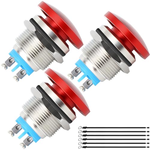 MKBKLLJY 3St. 19mm Roter Pilzkopf Drucktaster Schalter Momentan Taster IP65 Wasserdicht DC 12V 3A AC 110V 5A SPST 1NO1NC mit gewölbter Schraube und Klemme Drähte für Auto Boot LKW Kaffeemaschine von MKBKLLJY
