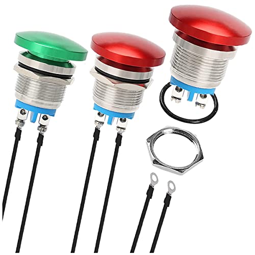 MKBKLLJY 3St. 16mm rot/grüner Metallschalen-Pilzkopf-Druckknopfschalter Druckknopfschalter IP65 wasserdicht 12V 24V 36V DC 110V 250V AC 5A SPST 1NO Schraubklemme mit Drähten, für Auto, Boot von MKBKLLJY