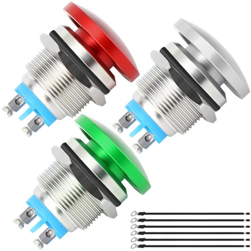 MKBKLLJY 3St. 19mm Pilzkopf Drucktaster Schalter Taster IP65 Wasserdicht DC 12V 3A AC 110V 5A SPST mit gewölbter Schraube und Klemme Drähte für Auto Boot LKW 3Farbe(Rot/Grün/Silber) von MKBKLLJY