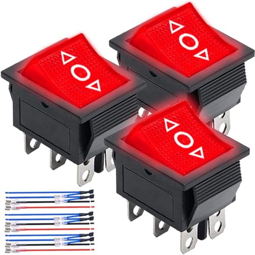 MKBKLLJY 3St. Momentaner Kippschalter 3Position (EIN)-Aus-(EIN) 6Pin DPDT 12V AC 10A/125V 6A/250V Rotes LED Licht Beleuchteter Snap-in Kippschalter mit Überbrückungsklemme Drähte für Auto Boot LKW von MKBKLLJY