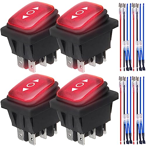 MKBKLLJY 4St. roter LED-Momentumschalter mit Polaritätsumkehrung Wasserdichte Steuerung Kippschalter DC-Motor 10A (LED DC 12V) 6 Pin 3 Position (ON)-Off-(ON) mit Überbrückungsdrähten von MKBKLLJY