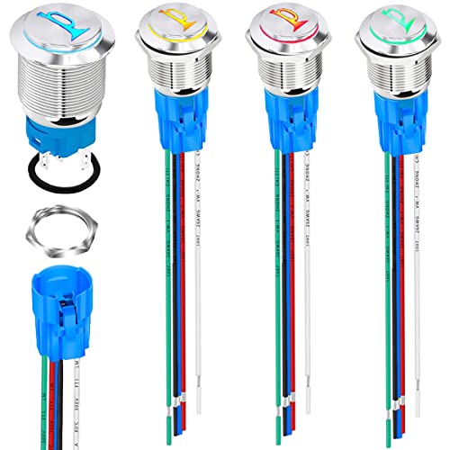 MKBKLLJY 4Stück 16mm Montageloch Erhöhte Lautsprecher Hupe Taster Schalter DC 5A 12V Blau Rot LED Licht Silber Edelstahl Gehäuse 1NO1NC SPDT mit Kabel Buchse Stecker für Auto Marine Boot von MKBKLLJY