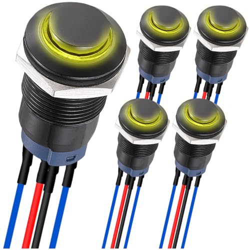 MKBKLLJY 5St. 12mm LED-Tastschalter Schwarzes Gehäuse mit Vorverdrahtung IP65 Wasserdichter Drucktastenschalter SPST 2Position ON OFFmit gelber LED für Auto Auto Marine Boot LKW Ausrüstung von MKBKLLJY