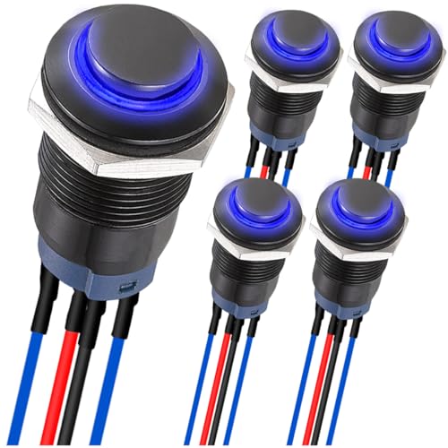 MKBKLLJY 5St. 12mm LED-Tastschalter schwarzes Gehäuse mit Vorverdrahtung IP65 wasserdichter Drucktastenschalter SPST 2Position ON OFFmit blauer LED für Auto, Marine, Boot, Lkw-Ausrüstung von MKBKLLJY
