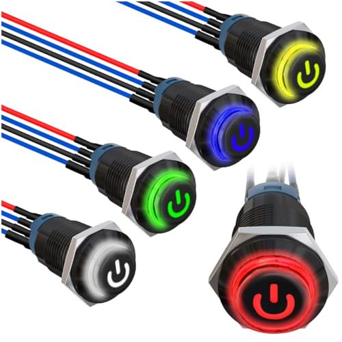 MKBKLLJY 5St. 12mm Momentan-LED-Tastschalter Schwarzes Gehäuse mit Power Mark LOGO IP65 Wasserdichter Drucktastenschalter SPST 2Position ON OFF mit Vorverkabelung 5Farben(Rot/Gelb/Blau/Grün/Weiß) von MKBKLLJY