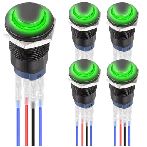 MKBKLLJY 5St. 12mm einrastender grüner LED Drucktastenschalter Schwarzes Gehäuse mit Vorverkabelung IP65 Wasserdichter selbstsperrender Schalter SPST 2Position ON OFF mit Anschlussdrähten für Auto von MKBKLLJY