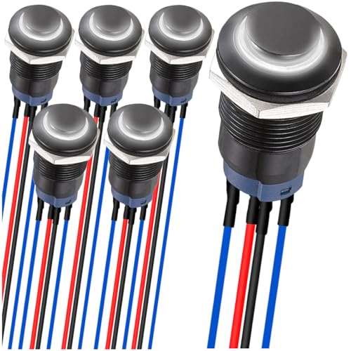 MKBKLLJY 6St. 12 mm einrastende LED-Taster mit schwarzem Gehäuse und Vorverdrahtung IP65 Wasserdichter Drucktastenschalter 1NO 1 Normalerweise selbstsperrend mit weißer LED für Auto, Boot von MKBKLLJY