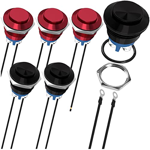 MKBKLLJY 6St. 19mm Druckknopfschalter Schwarz/Rot Metallgehäuse IP65 Wasserdicht 12V 24V 36V DC 110V 250V AC 5A 1NO SPST Schraubklemme mit Drähten für Auto Boot ohne LED von MKBKLLJY