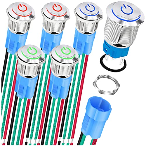 MKBKLLJY 6St. Mini runder wasserdichter Druckknopfschalter 12mm SPST ON Off Latching 1NO Druckknopf selbstsichernd mit blauer/roter/grüner LED 12V mit Kabelbuchse Stecker für Auto Boot von MKBKLLJY