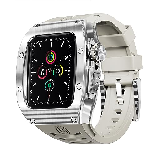 Shellbox Hülle kompatibel mit Apple Watch Series 9 8 7 45 mm/Serie 6 SE 5 4 44 mm,schützendes Robustes Edelstahl-Metallstoßgehäuse mit Riemen,robuste iWatch-Abdeckung für Männer und Frauen von MKERED
