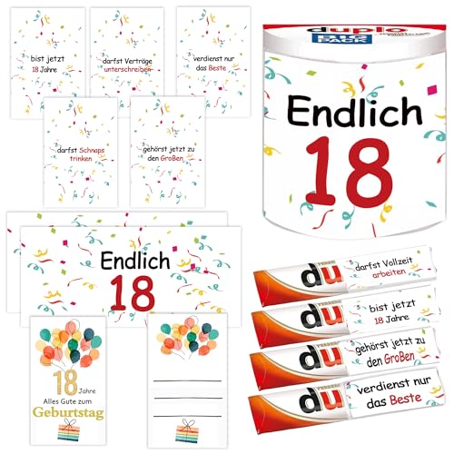 MKISHINE 18-jährige Grußkarte + AUFKLEBER SET - Duplo Endlich 18 Geburtstag Geschenk Gebursttagsgeschenk Frau Mann Kind Volljährig DIY Last Minute Geschenkidee Duplo Banderolen von MKISHINE