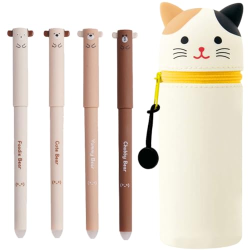 MKKZLPN 2 in 1 Weiche Silikontasche Federmäppchen, 4 Stück Tier Radierstift Kugelschreiber, Kawaii, Tischstifthalter, Reißverschluss mit 0.5mm Schwarz löschbaren Gelstiften für Mädchen (Katze) MKKZLPN 2 in 1 Weiche Silikontasche Federmäppchen, 4 Stück Tier Radierstift Kugelschreiber, Kawaii, Tischstifthalter, Reißverschluss mit 0.5mm Schwarz löschbaren Gelstiften für Mädchen (Katze) von MKKZLPN