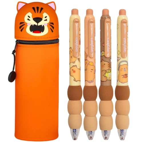 MKKZLPN 2 in 1 Weiche Silikontasche Federmäppchen, 4 Stück Tier Radierstift Kugelschreiber, Kawaii, Tischstifthalter, Reißverschluss mit 0.5mm Schwarz löschbaren Gelstiften für Mädchen (Tiger) MKKZLPN 2 in 1 Weiche Silikontasche Federmäppchen, 4 Stück Tier Radierstift Kugelschreiber, Kawaii, Tischstifthalter, Reißverschluss mit 0.5mm Schwarz löschbaren Gelstiften für Mädchen (Tiger) von MKKZLPN