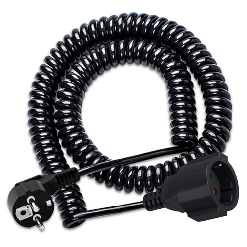Schutzkontakt-Spiralverlängerung, Schutzkontakt Spiralleitung, 0,8 m auf 3m dehnbares Spiral-Kabel mit Schutzkontaktwickelstecker, 250V / 16A Schutzkontaktkupplung, Verlängerungskabel, Schwarz Schutzkontakt-Spiralverlängerung, Schutzkontakt Spiralleitung, 0,8 m auf 3m dehnbares Spiral-Kabel mit Schutzkontaktwickelstecker, 250V / 16A Schutzkontaktkupplung, Verlängerungskabel, Schwarz von MKSENSE