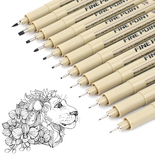 MLACXLT 12 Stück Fineliner Set Schwarz, Zeichenstifte in Verschiedenen Stärken, Kommt Mit Einem Pinsel, Einer Fineliner-Spitze und Einer Kalligraphie-Spitze, Journaling Zubehör zum Malen und Zeichnen von MLACXLT