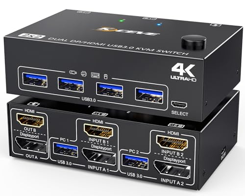 USB 3.0 HDMI+Displayport KVM Switch 2 PC 2 Monitore 4K@60Hz 2K@120Hz,MLEEDA 2 PC 2 Monitor Switch mit 4 USB 3.0 Ports für Tastatur Maus, Kabelfernbedienung und Kabel Inbegriffen von MLEEDA