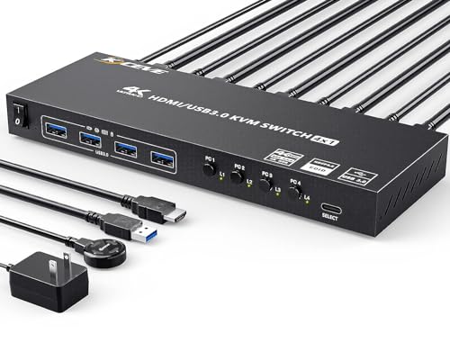 USB 3.0 KVM Switch HDMI 4 Port 4K@60Hz 2K@120Hz Simulation EDID,MLEEDA HDMI USB Switch für 4 PC teilen sich 1 Monitor und 4 USB 3.0 Port, mit Desktop Controller und KVM Kabeln von MLEEDA