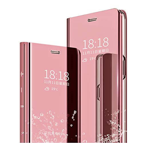 MLOTECH Compatible Redmi Note 7 hülle, Handyhülle + Gehärtetes Glas schutzfolie Flip Transluzent View Miroir case Anti-Schock Spiegel Standfunktion 360°Smart Cover -Roségold von MLOTECH