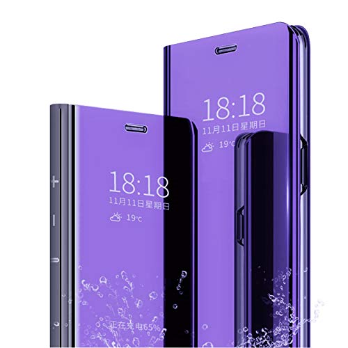 MLOTECH Hülle für Huawei Mate 10 Lite Handyhülle + Gehärtetes Glas schutzfolie Flip Transluzent View Miroir Spiegel Standfunktion Smart Cover -Lila blau von MLOTECH