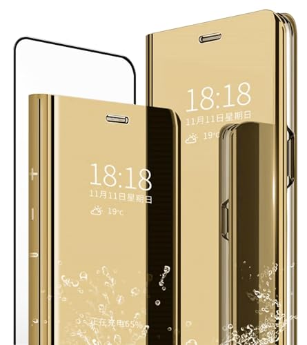 MLOTECH Hülle für Huawei Mate 20 Handyhülle + Gehärtetes Glas schutzfolie Flip Transluzent View Miroir Spiegel Standfunktion Smart Cover -Gold von MLOTECH