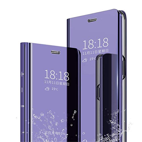 MLOTECH Hülle für Huawei P20 Handyhülle + Gehärtetes Glas schutzfolie Flip Transluzent View Miroir Spiegel Standfunktion Smart Cover -Lila blau von MLOTECH