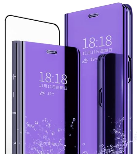 MLOTECH Hülle für Huawei P20 Handyhülle + Gehärtetes Glas schutzfolie Flip Transluzent View Miroir Spiegel Standfunktion Smart Cover -Lila blau von MLOTECH