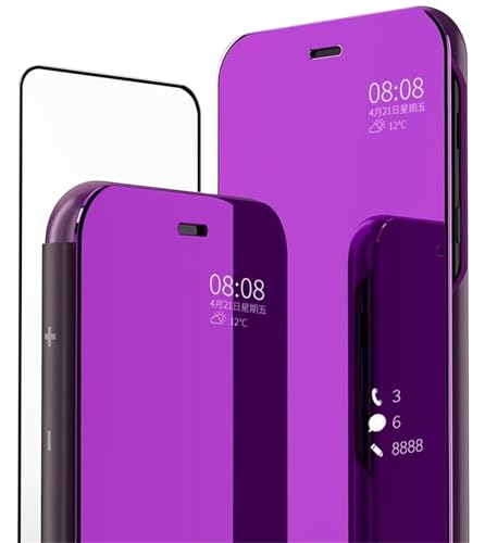 MLOTECH Hülle für Huawei P20 Lite Handyhülle + Gehärtetes Glas schutzfolie Flip Transluzent View Miroir Spiegel Standfunktion Smart Cover -Lila von MLOTECH