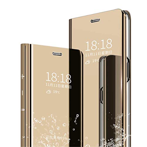 MLOTECH Hülle für Huawei P20 PRO ，Handyhülle + Panzerglas schutzfolie Flip Transluzent View Miroir Spiegel Standfunktion Smart Cover -Gold von MLOTECH