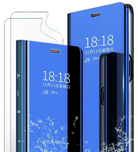 MLOTECH Smart Handyhülle für Huawei P30 Pro Hülle und [2 Stücke] Curved Full Display schutzfolie Flip Transluzent View Miroir Spiegel Standfunktion Cover -Himmelblau von MLOTECH