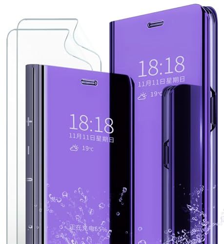 MLOTECH Hülle für Huawei P30 Pro Handyhülle + Gehärtetes Glas schutzfolie Flip Transluzent View Miroir Spiegel Standfunktion Smart Cover -Lila von MLOTECH