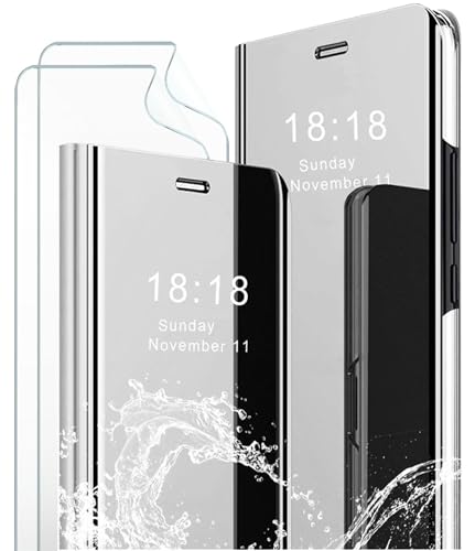 MLOTECH Hülle für Samsung Galaxy S10 4G Handyhülle + Schutzfolie[2 Stück] Flip Transluzent View Miroir Anti-Schock Spiegel Standfunktion Schutzhülle -Silber von MLOTECH