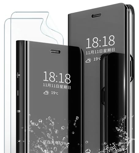 MLOTECH Hülle für Samsung Galaxy S9 Plus Handyhülle + Schutzfolie[2 Stück] Flip Transluzent View Miroir Anti-Schock Spiegel Standfunktion Schutzhülle -Schwarz von MLOTECH