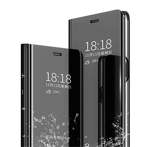 MLOTECH Kompatibel Xiaomi MI A2 hülle, Handyhülle + Panzerglas schutzfolie Flip Transluzent View Miroir case Anti-Schock Spiegel Standfunktion 360°Smart Cover -Schwarz von MLOTECH